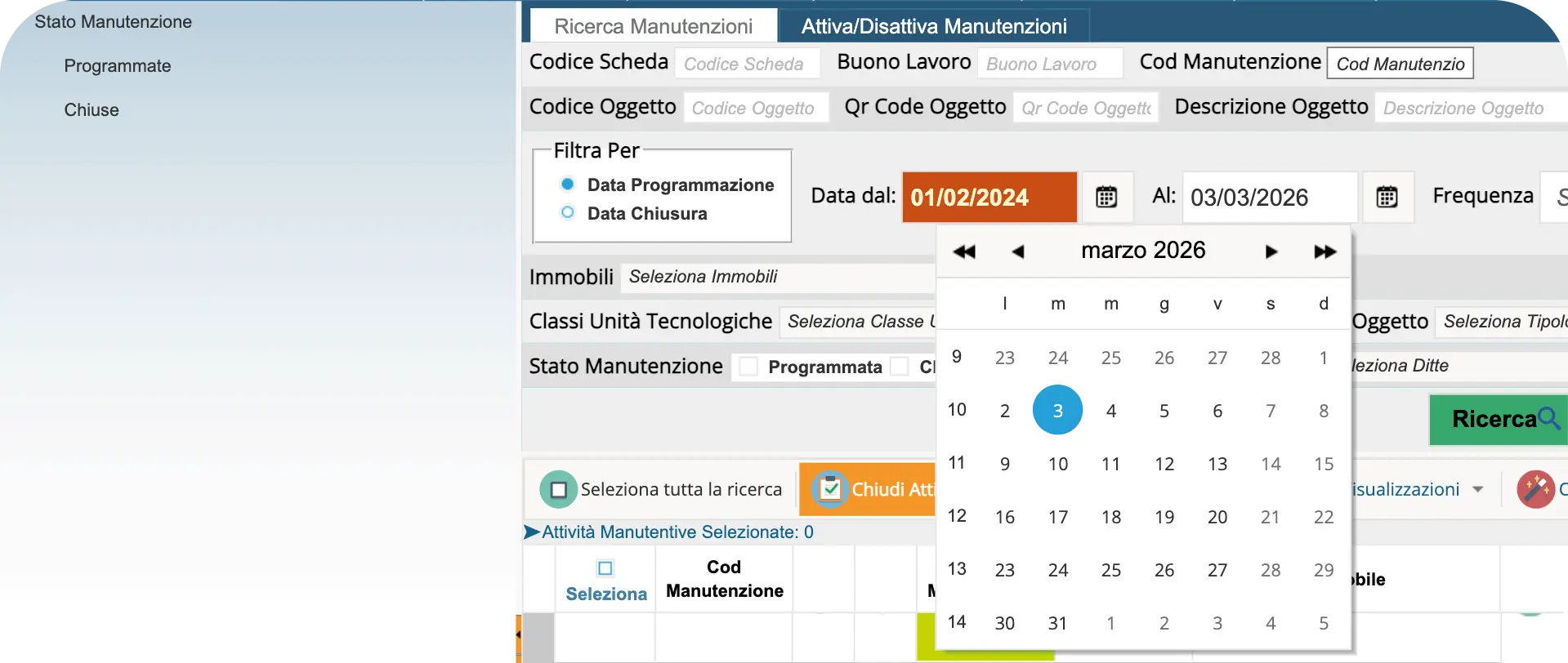 calendario manutenzioni programmate Geomap FMS